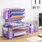 Simple Trending 7 Tier Desk File Organizer, Letter Tray Paper Organizer with Pen Holder and Metal Hanging Basket, Purple - Image 2