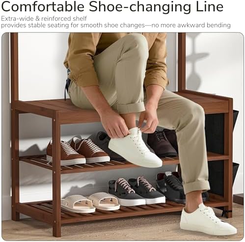 AMBIRD Hall Tree with bench and shoe storage, Entryway Bench with shoe storage, 6-in-1 Coat Rack with Cloth Bag and 12 Coat Hooks, Sturdy Bamboo Frame, Brown 31 * 15 * 70 Inches - Image 6