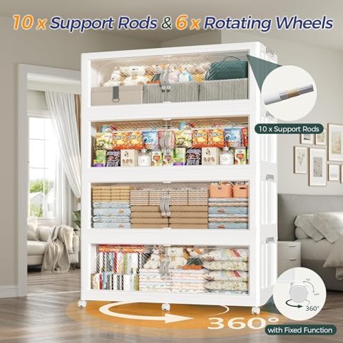 320GAL (1280QT) Collapsible Plastic Storage Bins with Lid & Wheels, Extra Large Stackable Closet Organizers Storage Boxes, Folding Cabinet for Home Kitchen Office, 4Pack White - Image 5