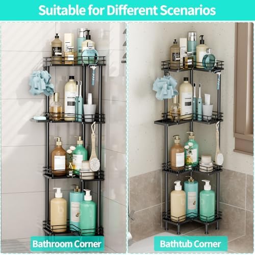 HapiRm Corner Shower Caddy Organizer - 4 Tier Shower Shelf Corner with Soap Holder, Rustproof Bathroom Standing Organizer with 4 Hooks, Black - Image 5
