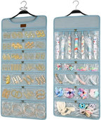 SMRITI Hanging Jewelry Organizer with Dual Zippered Pockets Canvas Double Sided Rotating Hanger Necklace Hanging Wall Organizer Earring Dustproof Holder Wall Mount Accessories Display Bag(Light Blue) by SMRITI