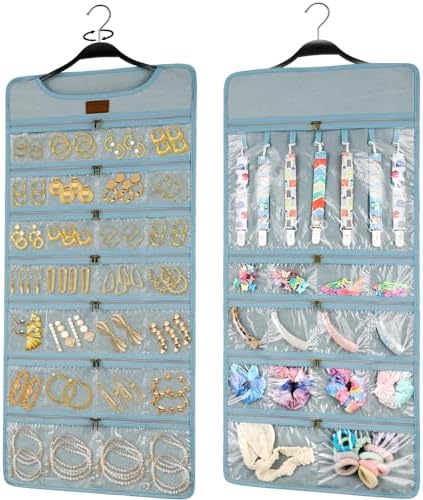 SMRITI Hanging Jewelry Organizer with Dual Zippered Pockets Canvas Double Sided Rotating Hanger Necklace Hanging Wall Organizer Earring Dustproof Holder Wall Mount Accessories Display Bag(Light Blue) by SMRITI