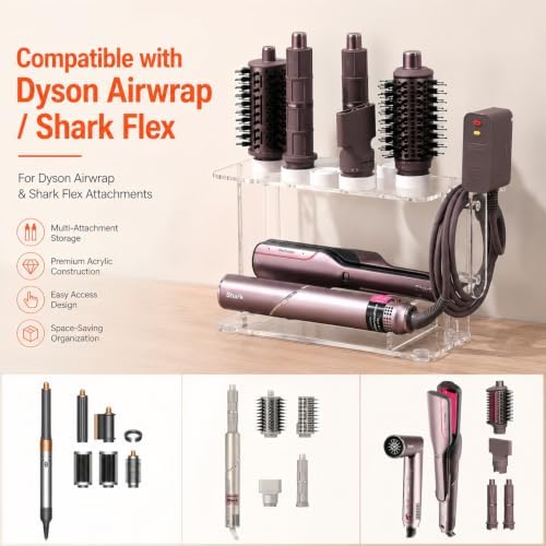 Shark Hair Dryer Holder, Hair Tool Holder for Dyson Airwrap & Shark Attachments, Hair Dryer Stand Wall Mounted or Desktop, Acrylic Blow Dryer Holder with 8 Slots Cord Hook, Bathroom CHOCHOYAH - Image 2
