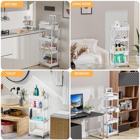 4 Tier Rolling Utility Cart with Drawer,REBECAT Utility Cart Made of Multifunctional Storage Organizer Tool for Kitchen,Bathroom,Living Room,Office(Gray) - Image 6
