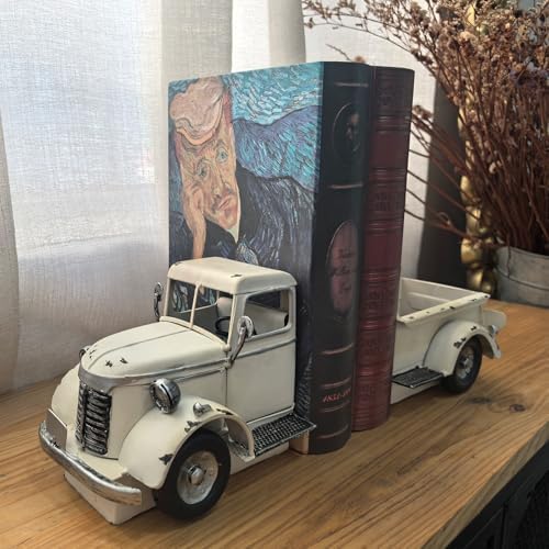 Decorative Book Ends Vintage Bookends: Metal Truck Book Stopper for Heavy Books - Farmhouse Decor for Shelf Table Coffee Bar Office Home - Gift for Adults Men Teen (Vintage White) - Image 2