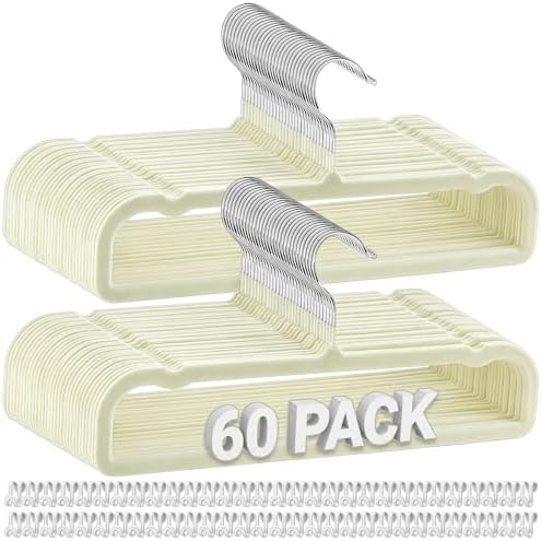 60 Pack White Velvet Felt Pants Hangers with 60 Hooks, Heavy Duty Space Saving Clothes Hangers with 360° Swivel Hook, Non Slip Thin Cute Flocked Design for Shirts, Coats, Dresses & Closet Organization by Unknown