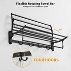 BESy Towel Racks with Foldable Towel Bar Hooks, Wall Mounted Matte Black - Image 5