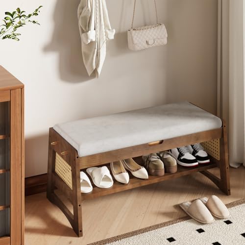 Shoe Rack Bench with Flip-Top Storage, 35.4" W x 15.7" H Solid Wood Entryway Bench Shoe Organizer with Cushion Side Hooks for Front Door Entrance Hallway Foyer Closet Living Room Bedroom - Image 3