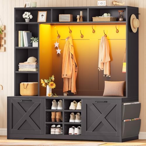 Itaar Hall Tree with Bench and Shoe Storage, 59.1" Farmhouse Entryway Bench with Coat Rack, Shoe Cabinet with Flip Drawers, 12 Shelves, 9 Coat Hooks, Storage Bag, Led Lights, Black by Itaar