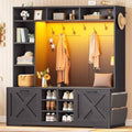 Itaar Hall Tree with Bench and Shoe Storage, 59.1" Farmhouse Entryway Bench with Coat Rack, Shoe Cabinet with Flip Drawers, 12 Shelves, 9 Coat Hooks, Storage Bag, Led Lights, Black by Itaar