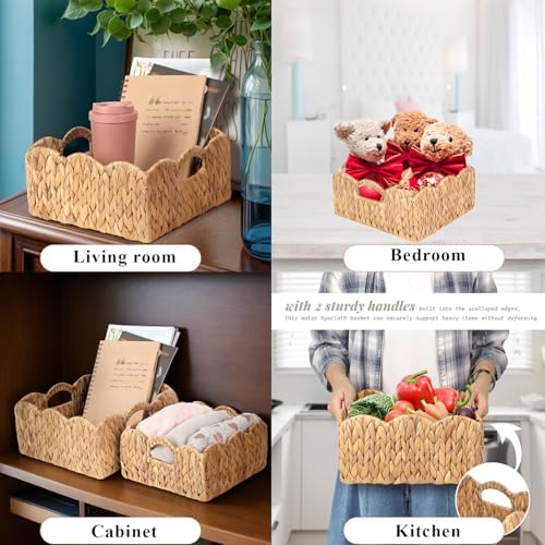 Scalloped Baskets (Natural-Set of 2) Basket Living Room Organizer, Water Hyacinth Baskets For Decor, Woven Basket for Bathroom, Bedroom, Laundr (2, Light Brown) - Image 6