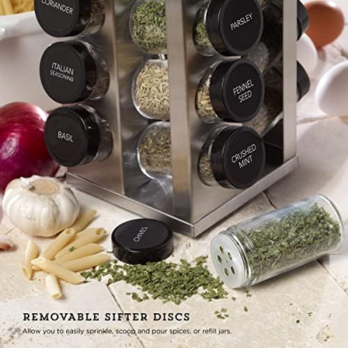 Kamenstein 20 Jar Heritage Revolving Countertop Spice Rack Organizer with Spices Included, FREE Spice Refills for 5 years, Brushed Stainless Steel with Black Caps (Pack of 3) - Image 2
