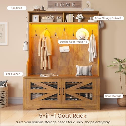 Itaar Hall Tree with Bench and Shoe Storage, 5-in-1 Entryway Bench with Coat Rack, 10 Shoe Cubbies & 9 Coat Hooks, Barn Door & Adjustable Shelf (Rustic Brown) - Image 3