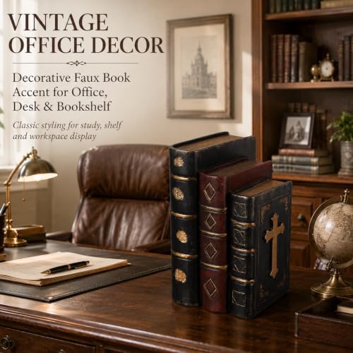 Decorative Bookends Vintage Cross Design, Resin Faux Book Stack Antique Shelf Decor, Antique Vintage Decoration for Home Office Library Old World Farmhouse Style - Image 2