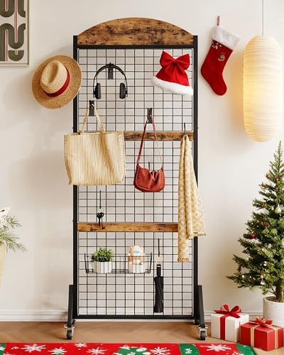 CHOEZON Grid Wall Panel 5.7’ x 2’ FT Grid Display Rack, Movable Gridwall Display Stand with Wheels,Floorstanding Wire Grid Rack with 4 S-Shaped Hooks and 4 Garment Hooks Rustic Brown and Black TCJ17BF - Image 2