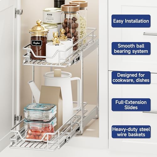2-Tier Pull Out Cabinet Organizer, 7.5" W x 21.5" D, Heavy Duty Dual Slide Out Shelves for Narrow Base Cabinets, Chrome Wire Basket Drawer for Spices, Bottles & Snacks - Image 4
