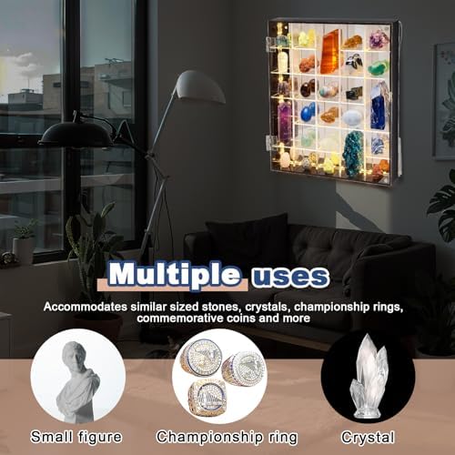 Cinnvoice Rock Display Case 30 Grids, Black Border, Square with LED - Image 6