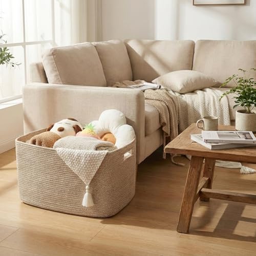JMvicyroam 96L Large Woven Cotton Rope Blanket Basket, Oatmeal - Image 2