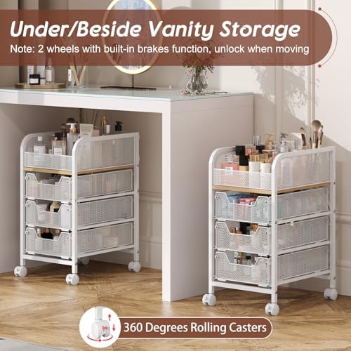 Hongtamoya Rolling Makeup Cart Organizer with 3 Drawers, Narrow Floor Skincare Organizers, Cosmetics Display Cases Vanity Organizer for Skin Care Nail Polish Perfume Makeup Brush, White - Image 3