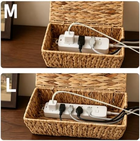 Cable Management Box Set of 2, Cord Organizer for Power Strip | Handwoven Water Hyacinth Storage Basket with Reinforced Metal Frame, Decorative Home Organizer for Desk & Office - Image 3