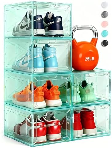 Stackable Clear Green Shoe Boxes 6 Pack with Magnetic Door, Drop Front Sneaker Storage Organizer for Closet, Large Transparent Plastic Shoe Storage Containers by Fraphil