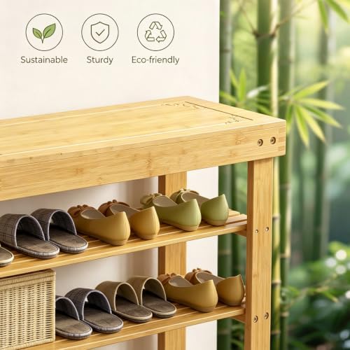 Bamboo Shoe Rack Bench 3-Tier Shoe Storage Organizer Entryway Bench for Entryway Bathroom Bedroom，Natural - Image 5