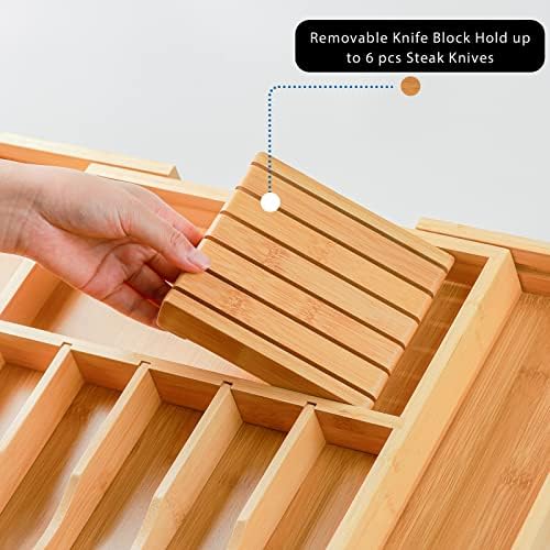 Wencrfat Silverware Drawer Organizer with Removable Knife Block and Dividers, Expandable Bamboo Kitchen Drawer Organizer, Flatware Utensil Cutlery Organizer for Drawer 8 Compartments - Image 3