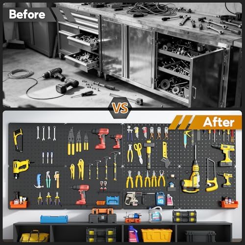Peg Board, 114PCS Heavy Duty Metal Pegboard with Hooks, 8 Pack Black Peg Board Panels, 60lbs Load Capacity Each, Pegboard Wall Organizer for Garage, Workshop, Kitchen, Craft Rooms - Image 4