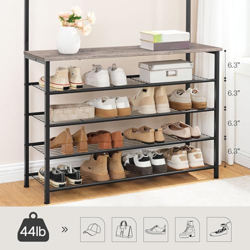 HOOBRO Hall Tree, Coat Rack with Shoe Rack, 39.4" Hall Tree with Bench, 5 Tier Shoe Storage Organizer with 9 Hooks for Entryway, Closet, Sturdy, Industrial, Greige and Black BG801MT01 - Image 5