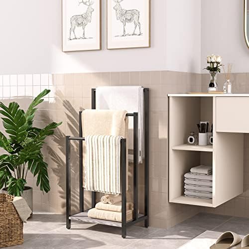 HOOBRO Free Standing Towel Rack, 3 Tier Blanket Rack, Blanket Holder for Bathroom, 16.9" L x 11" W x 31.9" H, Industrial Metal Drying and Display Rack with Shelf, Greige and Black BG03LB01 - Image 3