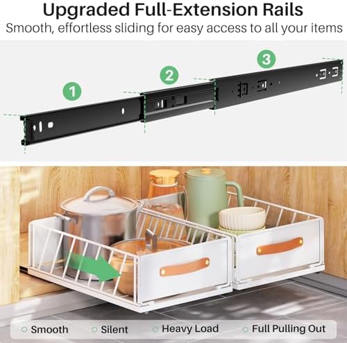 Pull out Cabinet Organizer,Heavy Duty Slide out Pantry Shelves Drawer Storage with Adhesive Nano Film,Sliding Mesh Cabinet Basket with Handle for Kitchen, Bathroom, Home, 15.8"W X 21"D X 6.2"H,White - Image 4