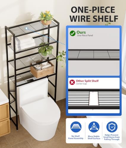 4-Tier Over The Toilet Storage Rack, Bathroom Organizer with One-Piece Metal Mesh Shelves, Over Toilet Shelf with Adjustable Feet & Anti-Tip Kit, Space-Saving Bathroom Storage, Black - Image 4
