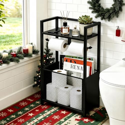 Toilet Paper Holder Stand Black, Freestanding Toilet Paper Holder, Toilet Paper Holder Standing for Bathroom Tissue Holder Roll Holder, Magazines, Wipes - Image 2