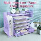 Desk Organizers and Accessories with File Holder, 6-Tier Paper Letter Tray Organiser with Drawer and 2 Pen Holder, Mesh Desktop Document Organizer for Office Supplies, Workspace - Purple - Image 5