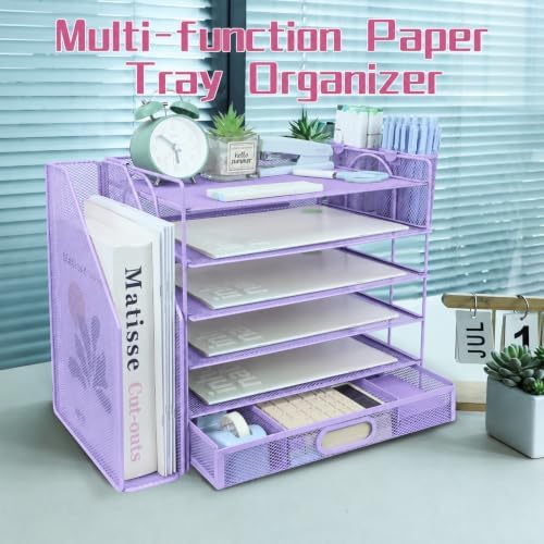 Desk Organizers and Accessories with File Holder, 6-Tier Paper Letter Tray Organiser with Drawer and 2 Pen Holder, Mesh Desktop Document Organizer for Office Supplies, Workspace - Purple - Image 5