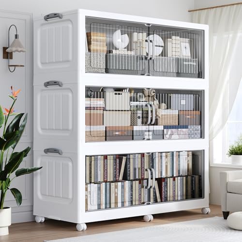 120Gal Extra Large Foldable Storage Organizer with Lid, 480QT Stackable Plastic Storage Bins with Clear Magnetic Doors & Wheels, for Bedroom Garage Closet Kitchen Dorm Home (3‑Pack) by Unknown