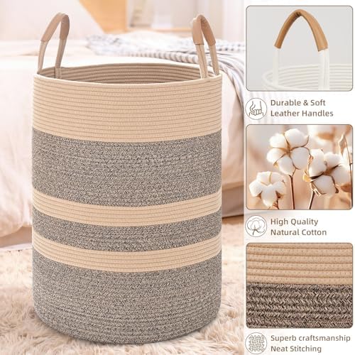Large Laundry Basket, Laundry Hamper with Leather Handles, 75L Woven Dirty Clothes Hamper, Rope Hampers for Bedroom, Barthroom, Dark Brown - Image 5