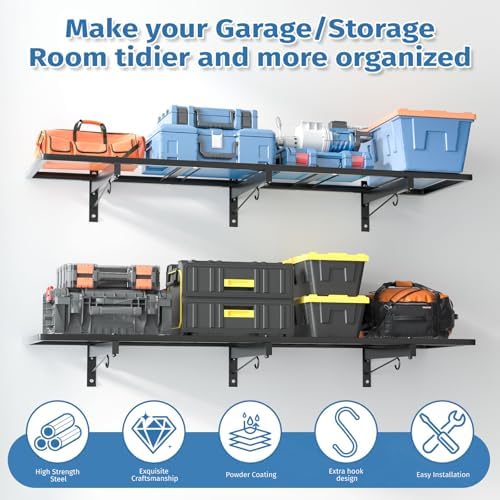 2 Pack Garage Wall Shelving,46"X 12.5" Garage Shelving Wall Mounted,Heavy Duty Garage Storage Rack with 8 Hooks,320 LBS Capacity,Black Metal Floating Organizer Shelves for Warehouse (2) - Image 3