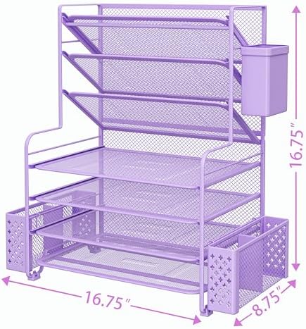Simple Trending 7 Tier Desk File Organizer, Letter Tray Paper Organizer with Pen Holder and Metal Hanging Basket, Purple - Image 3