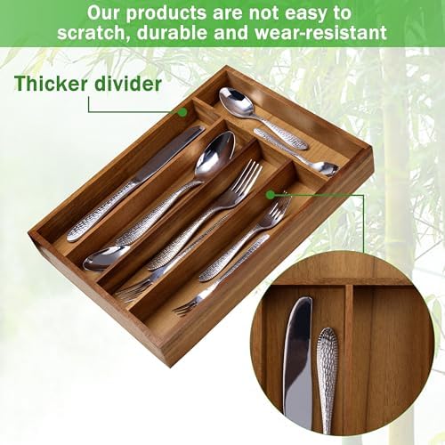 Greenual Acacia Wood Silverware Organizer 10 In Utensil Organizer Silverware Tray for Drawer Cutlery Flatware Organizer for Kitchen 2 Pack - Image 3