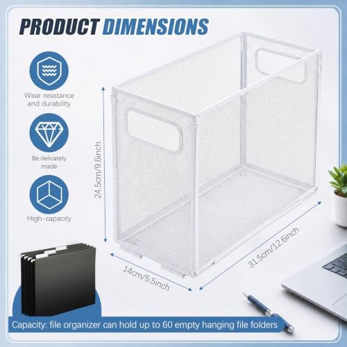 Zhengmy 3 Pcs Hanging File Organizer Letter Size File Holder Metal Mesh Filing Box Desktop Folder Letter Storage Cabinets Magazine Holder with Handles for Home Office School Document (White) - Image 2