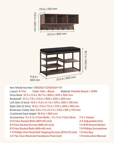 VEVOR Coat Rack with Shoe Bench, 3-in-1 Shoe Coat Rack Combo Set with Hooks and Bookshelf, Steel Frame Hall Tree Entrance Storage Organizer Holder for Entry, Bedroom, Closet, Office, Rustic Brown - Image 7