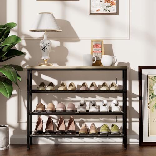 4-Tier Metal Shoe Rack with Wood Top - Durable & Space-Saving Shoe Organizer,Industrial Shoe Organizer Shelf Bench Storagefor Closet Entryway, Bedroom & Hallway - Gray + Black 28.5 W × 25.5" H - Image 2