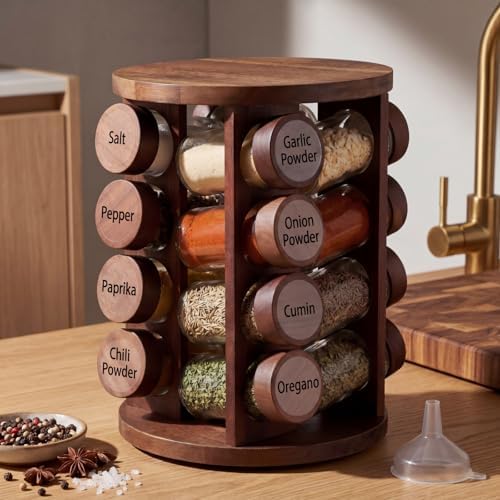 Yungyan Acacia Wood Rotating Spice Rack with 16 Empty Jars and Labels - Image 6