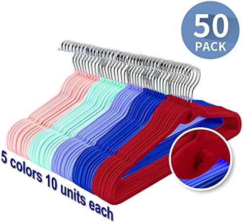 Multi-Color Premium Velvet Hangers with Mini Hooks, Pack of 50, Non Slip, Space Saving Cascading Clothes Hangers, 5 Colors, Pink, Lavender, Navy Blue, Red Burgundy and Mint Green - Image 2