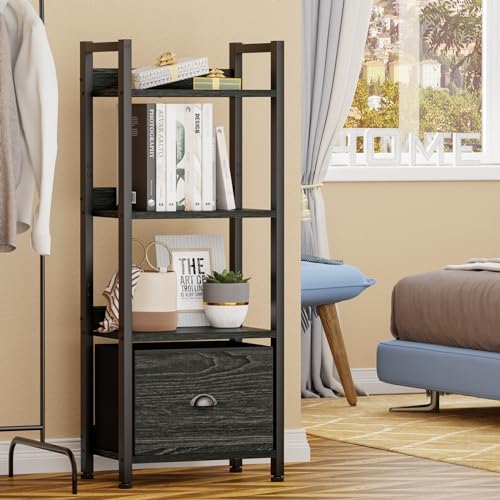 Furologee 4 Tier Bookshelf with Drawer, Small Narrow Bookcase, Black Oak - Image 6