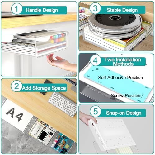 SVNNELP Under Desk Table Drawer Storage Organizer,3 Pack Small & Medium & Large Slide Out Desk Drawers - Hidden Desktop Organizer,Adhesive Storage Pencil Tray Under Table(Clear/LMS) - Image 5