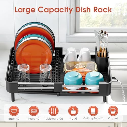 TOOLF Expandable Dish Drying Rack for Kitchen Counter, Standard, Black - Image 4