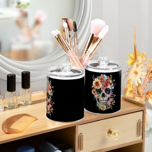 Fustylead 4 Pack Retro Floral Skull Watercolor Qtip Holder Dispensers for Cotton Swab, Ball, Round Pads, Floss, Plastic Apothecary Jar Set for Bathroom Canister Storage - Image 5