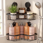 Moforoco Corner Shower Caddy Suction Cup, No Drilling Stainless Steel Shower Shelves, Portable/Movable Large Suction Cup Shower Organizer with Hooks Bathroom Storage Rack(Black) by MOFOROCO